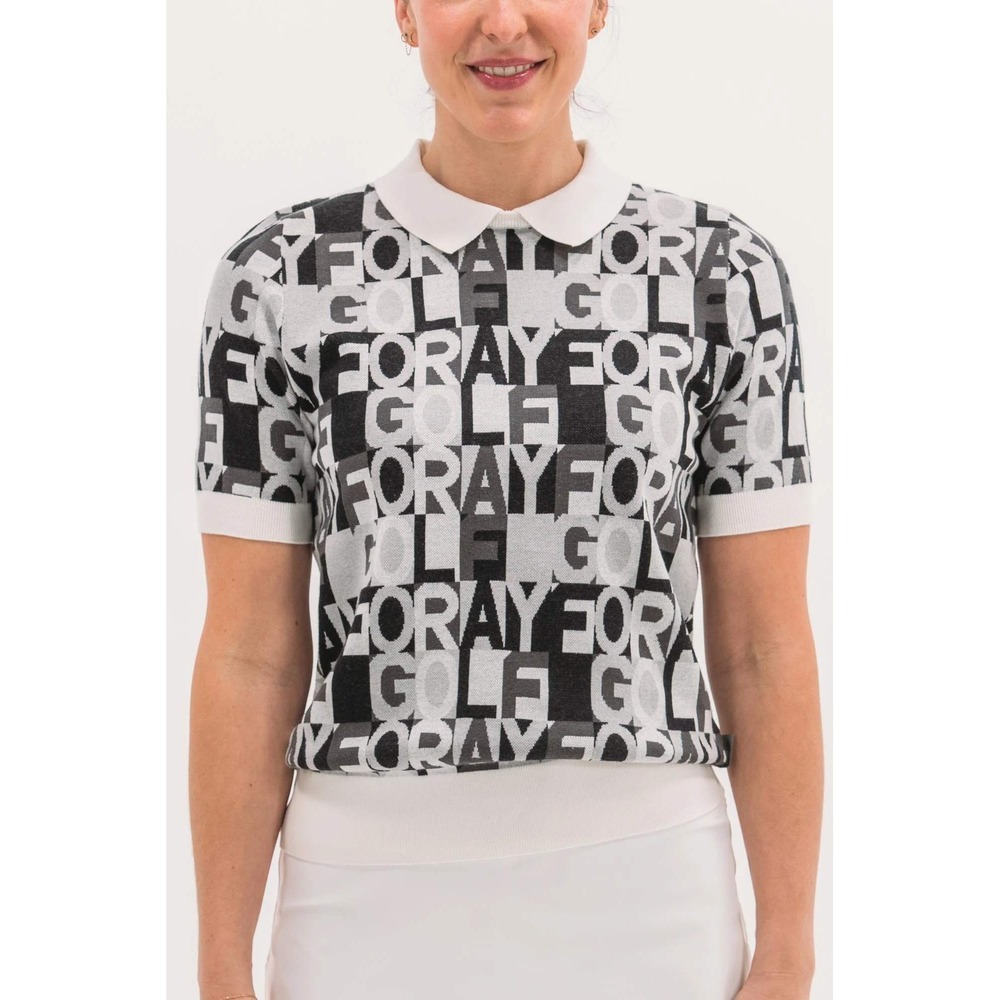 Foray Golf Knit Polo Women XS Black White Logo Print Short Sleeve Cotton Sweater